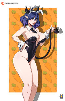 Rule 34 | 1girl, absurdres, animal ears, artist name, bare shoulders, breasts, carrot print, demon girl, fake animal ears, food print, hand on own hip, highres, horns, huge breasts, kinsou no vermeil, kyoffie, lips, nais, necktie, orange background, playboy bunny, pointy ears, purple hair, red eyes, smile, tail, vermeil (kinsou no vermeil), wrist cuffs