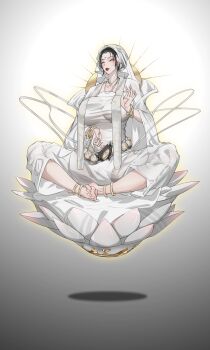 1girl absurdres anklet barefoot black_hair bracelet breasts closed_eyes dress earrings flower highres indian_style jewelry lotus mature_female original sensitive shan3143311380 sitting solo