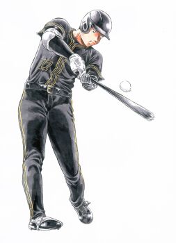 Rule 34 | 1boy, aoyama goushou, ball, baseball, baseball (object), baseball bat, baseball helmet, baseball jersey, baseball uniform, batting stance, closed mouth, gloves, helmet, highres, holding, holding baseball bat, jersey, official art, ohtani shohei, real life, shirt, shirt under shirt, simple background, solo, sportswear, standing, swinging baseball bat, white background