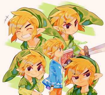 +++ 1boy artist_name black_eyes blue_shirt closed_eyes closed_mouth commentary_request green_hat green_tunic grin hand_on_own_cheek hand_on_own_face hat highres holding holding_shield holding_sword holding_weapon layered_sleeves link long_sleeves male_focus multiple_views nintendo orange_pants pants pointy_ears shield shirt short_over_long_sleeves short_sleeves smile sword the_legend_of_zelda the_legend_of_zelda:_the_wind_waker tokuura toon_link tunic twitter_username weapon