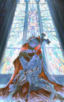 Rule 34 | 1boy, absurdres, backlighting, black hair, borrowed character, chinese commentary, collarbone, commentary request, cross, earrings, expressionless, final fantasy, final fantasy xiv, full body, gem, gloves, gold collar, grey eyes, hair between eyes, heterochromia, highres, holding, holding cross, holding staff, hyur, jewelry, knees together feet apart, latin cross, long sleeves, looking at viewer, male focus, multicolored hair, murrtecys ansuz, on floor, original, parted lips, pearl (gemstone), pulppunk001, red gloves, red veil, robe, sandals, short hair, sideways glance, single earring, sitting, solo, staff, stained glass, sun earrings, two-sided veil, two-tone hair, veil, warrior of light (ff14), watermark, weibo watermark, white hair, white robe, white veil, window, yellow eyes