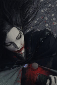 Rule 34 | 1boy, absurdres, black cape, black hair, blood, blood on face, cape, closed eyes, d (vampire hunter d), disembodied hand, fingernails, flower, highres, long hair, pale skin, sharp fingernails, solo, stake, swampybog, vampire hunter d