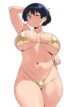 1girl arato_nagi arm_up bikini black_hair blue_eyes blush breasts denpatou earrings gold_bikini highres huge_breasts jewelry long_hair looking_at_viewer navel one_eye_closed ruri_no_houseki simple_background smile solo stud_earrings swimsuit white_background