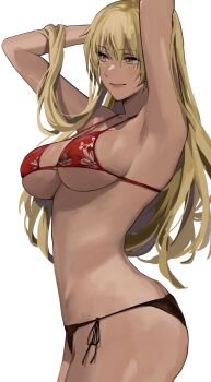 1girl armpits arms_behind_head arms_up bare_shoulders bikini black_bikini blonde_hair breasts brown_eyes butt_crack cleavage collarbone dark-skinned_female dark_skin female_focus fire_emblem fire_emblem:_the_binding_blade floral_print highres igrene_(fire_emblem) j@ck large_breasts long_hair looking_to_the_side matching_hair/eyes mismatched_bikini mole mole_under_eye multicolored_bikini nintendo print_bikini red_bikini side-tie_bikini_bottom skindentation smile solo swimsuit thighs two-tone_bikini underboob yellow_eyes