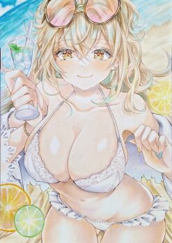 azur_lane beach bikini blush breasts brown_hair cleavage drink eyewear_on_head fang food fruit hair_between_eyes hair_intakes hair_spread_out highres holding holding_drink huge_breasts kishimon-08 lace lace-trimmed_bikini lace_trim lemon lion_(azur_lane) lion_(the_reclining_dandelion)_(azur_lane) looking_at_viewer ocean official_alternate_costume skin_fang smile swimsuit tinted_eyewear white_bikini yellow_eyes