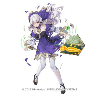 1girl battle_damage book breasts choker commentary_request damaged dress fire_emblem fire_emblem:_three_houses fire_emblem_heroes hair_ornament long_hair long_sleeves lysithea_von_ordelia lysithea_von_ordelia_(timeskip) magic ne-on nintendo official_art open_mouth pantyhose pink_eyes purple_choker purple_dress purple_veil simple_background small_breasts solo sweat torn_clothes torn_pantyhose veil white_background white_hair white_pantyhose