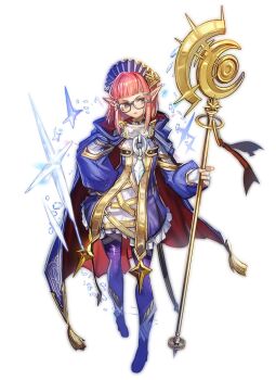 Rule 34 | 1girl, arm cutout, black-framed eyewear, blue cape, blue dress, boots, cape, clothing cutout, commentary request, crescent, crystal, dress, elizabeth o antikythira, frilled dress, frills, full body, glasses, hair ornament, hairclip, hand on own hip, headwear request, high heel boots, high heels, holding, holding staff, hood, hood down, hooded dress, it's my life (narita imomushi), looking to the side, mage staff, medium hair, narita imomushi, pants, pink hair, pointy ears, puffy sleeves, purple boots, purple pants, red cape, solo, sparkle, staff, standing, tassel, two-sided cape, two-sided fabric, white background, white dress