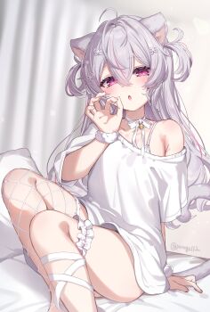 Rule 34 | 1girl, animal ears, bed, bra, cat ears, cat girl, cat tail, fellatio gesture, fishnet thighhighs, fishnets, frilled thigh strap, fur wrist cuffs, grey hair, hair ornament, highres, leg ribbon, long hair, looking at viewer, multicolored hair, neck ribbon, no pants, off shoulder, on bed, open mouth, original, paragasu (parags112), pillow, pink eyes, pink hair, ribbon, shirt, short sleeves, single thighhigh, sitting, streaked hair, tail, thigh strap, thighhighs, two side up, underwear, white bra, white hair, white ribbon, white shirt, wrist cuffs