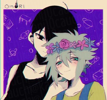 Rule 34 | 2boys, antenna hair, basil (headspace) (omori), basil (omori), black eyes, black hair, black tank top, collarbone, colored skin, commentary request, copyright name, double-parted bangs, flower, flower wreath, green eyes, green hair, green shirt, hair between eyes, head wreath, highres, kauchi (kani10cauchi), looking at viewer, male focus, multiple boys, omori, omori (omori), shirt, sidelocks, tank top, white skin