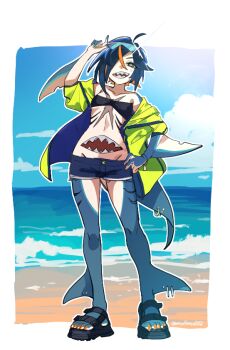 +_+ 1girl :d adjusting_eyewear ahoge belt_bra blue-tinted_eyewear blue_hair blue_jacket blue_shorts blue_skin border chest_mouth colored_skin fin_piercing fins full_body gills hair_over_one_eye hand_on_eyewear hand_up jacket looking_at_viewer medium_hair monster_girl mullmull02 ocean one_eye_covered open_clothes open_jacket open_mouth original piercing sandals sharp_teeth short_shorts shorts smile solo standing sunglasses teeth tinted_eyewear twitter_username white_border