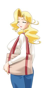 1girl bag blonde_hair breasts casual closed_eyes denim from_behind game_cg gan-chan_(artist) handbag hitozuma_sentai_aisaiger jeans jewelry large_breasts large_variant_set lipstick long_hair long_sleeves looking_back makeup mature_female non-web_source official_art pants ring solo sophie_andrea_yukitou standing sweatdrop transparent_background turtleneck variant_set