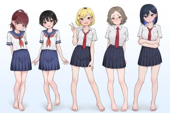 :d bare_legs barefoot black_hair blonde_hair blush breasts brown_eyes brown_hair closed_mouth commentary_request feet hair_ornament hairclip highres hinosaki long_hair looking_at_viewer multiple_girls neckerchief necktie open_mouth original pleated_skirt ponytail school_uniform serafuku shirt short_hair short_sleeves skirt smile soles standing toes v