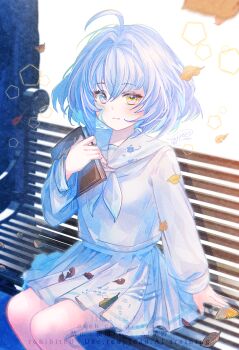 1girl ahoge book brown_eyes closed_mouth commentary_request commission copyright_request feet_out_of_frame ginkgo_leaf grey_hair hair_between_eyes hair_intakes hand_up heterochromia holding holding_book ittokyu leaf long_sleeves neckerchief on_bench pleated_skirt puffy_long_sleeves puffy_sleeves purple_eyes sailor_collar school_uniform serafuku shirt signature sitting skirt smile solo virtual_youtuber white_neckerchief white_sailor_collar white_serafuku white_shirt white_skirt