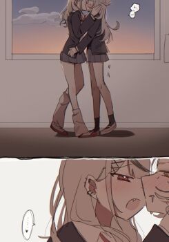 2girls ame_(ametya0_0) black_jacket black_socks blazer blush commentary_request fang grey_hair grey_skirt hand_on_another&#039;s_waist heart heart-shaped_pupils highres hololive indoors jacket kiss leg_warmers long_hair multiple_girls murasaki_shion open_mouth pleated_skirt red_eyes sakamata_chloe saliva school_uniform shirt skirt socks sunrise symbol-shaped_pupils virtual_youtuber white_shirt white_socks yuri