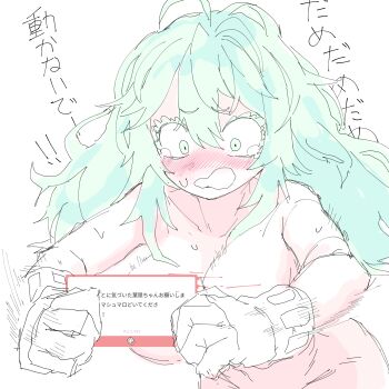 absurdres blush boku_no_hero_academia breasts colored_skin commentary_request crying desperation embarrassed green_eyes green_hair hagakure_toru highres large_breasts mocamocaink nude solo thick_thighs thighs white_background white_skin