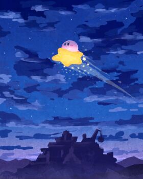blue_eyes blush_stickers cloud commentary highres kirby kirby_(series) miclot night nintendo no_humans outdoors sky symbol-only_commentary warp_star