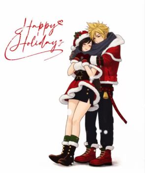 1boy 1girl animated azezazel belt black_boots black_hair black_pants black_scarf blonde_hair blush boots breasts capelet christmas closed_eyes closed_mouth cloud_strife cloud_strife_(holiday_outfit) commentary couple english_commentary final_fantasy final_fantasy_vii final_fantasy_vii:_ever_crisis full_body fur-trimmed_boots fur-trimmed_capelet fur-trimmed_gloves fur-trimmed_headwear fur-trimmed_jacket fur-trimmed_skirt fur_trim gloves happy_holidays hat hat_ornament heart hetero holly_hat_ornament hug hug_from_behind jacket long_hair looping_animation medium_breasts miniskirt official_alternate_costume pants pom_pom_(clothes) red_boots red_gloves red_hat red_jacket red_skirt santa_costume santa_hat scarf shared_clothes shared_scarf simple_background skirt smile snowing spiked_hair standing sweater tagme tifa_lockhart tifa_lockhart_(fairy_of_the_holy_flame) video white_background white_sweater