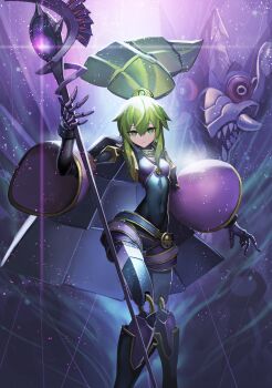 1girl absurdres breasts doll_joints dragon duel_monster el_shaddoll_winda green_eyes green_hair highres holding holding_staff joints long_hair long_sleeves looking_at_viewer marionette mechanical_arms mechanical_hair mechanical_hands mechanical_legs medium_breasts nakamura_eight ponytail puppet puppet_strings redrawn single_mechanical_hand staff wide_sleeves winda_(yu-gi-oh!) yu-gi-oh!