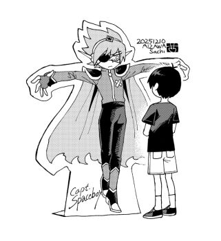 Rule 34 | 1boy, aizawa sachi, alternate costume, antenna hair, artist name, captain spaceboy, cardboard cutout, character name, commentary request, dated, from behind, greyscale, male focus, monochrome, omori, shirt, shoes, short hair, short sleeves, shorts, simple background, sneakers, socks, solo, standing, sunny (omori), t-shirt