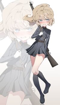 1girl alternate_costume belt black_boots black_jacket blonde_hair blue_eyes blush boots breast_pocket brown_belt buttons collared_jacket commentary_request cross dalhaesi1304 fang floating_hair full_body gloves gun hair_between_eyes hand_up high_ponytail highres holding holding_gun holding_weapon iron_cross jacket long_hair long_sleeves looking_to_the_side military military_jacket military_uniform miniskirt pleated_skirt pocket ponytail rifle sidelocks simple_background skirt sniper_rifle soldier solo standing standing_on_one_leg tanya_degurechaff teeth v-shaped_eyebrows wavy_hair weapon weapon_on_back white_background white_gloves youjo_senki zoom_layer