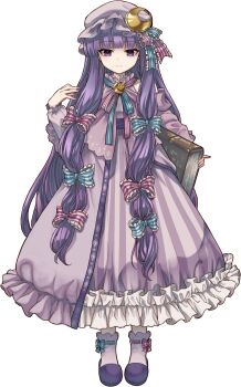 1girl absurdres blue_bow book bow capelet closed_mouth crescent crescent_hat_ornament dress embellished_costume full_body game_cg hair_bow hat hat_ornament highres holding holding_book long_hair long_sleeves looking_at_viewer marisa_of_liartop_mountain mob_cap multiple_hair_bows non-web_source official_art patchouli_knowledge pink_bow pink_capelet pink_dress pink_hat purple_eyes purple_hair purple_slippers second-party_source slippers socha socks solo striped_clothes striped_dress touhou transparent_background vertical-striped_clothes vertical-striped_dress very_long_hair white_socks