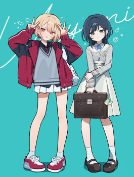 2girls :o absurdres arms_up black_shirt black_shoes blonde_hair blue_hair blush character_request closed_mouth collared_shirt commentary_request copyright_request full_body green_background green_eyes grey_shirt grey_skirt grey_sweater hair_between_eyes highres holding holding_suitcase jacket long_sleeves looking_at_viewer mary_janes miniskirt multiple_girls necktie open_clothes open_jacket open_mouth pleated_skirt red_eyes red_jacket red_necktie red_shoes shirt shoes short_hair simple_background skirt smile sneakers socks standing striped_clothes striped_necktie suitcase sweater waka_(wk4444) white_shirt white_socks