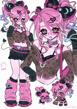 Rule 34 | 1girl, alien stage, alternate costume, arm warmers, black arm warmers, black bow, black bra, black shoes, black skirt, blue hair, bow, bra, brown bag, brown shirt, chinese commentary, choker, commentary request, demon tail, frilled bow, frills, glasses, hair bow, hair ornament, heart, heart choker, heart hair ornament, highres, leg warmers, miniskirt, mizi (alien stage), multicolored hair, multiple views, off-shoulder shirt, off shoulder, pink-framed eyewear, pink choker, pink hair, pink leg warmers, pink pupils, ponytail, purple hair, rabbit, shirt, shoes, skirt, spiked shoes, spikes, tail, taowu (20809), underwear, yellow eyes