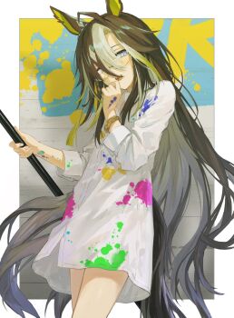 1girl :d ahoge animal_ears black_hair black_tail blue_eyes border bracelet cocontoozai collared_shirt colored_inner_animal_ears commentary cowboy_shot dream_journey_(umamusume) flat_chest glasses gold_bracelet gradient_hair hair_between_eyes hand_up highres holding horse_ears horse_girl horse_tail jewelry long_hair long_sidelocks looking_at_viewer multicolored_eyes multicolored_hair naked_shirt open_mouth outside_border oversized_clothes paint_on_body paint_on_clothes paint_on_hands paint_splatter purple_eyes semi-rimless_eyewear shirt sidelocks sleeves_rolled_up smile solo tail teeth thighhighs twitter_username umamusume upper_teeth_only very_long_hair white_border white_hair white_shirt