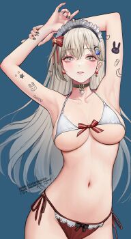 10_plus 1girl arm_tattoo armpits arms_up belt_collar bikini black_nails blonde_hair blue_background blush bow bow_bikini breasts cleavage collar collarbone commission copyright_request crescent crescent_hair_ornament crescent_tattoo cross_hair_ornament earrings finger_tattoo grey_eyes hair_bow hair_ornament heart heart_earrings heart_tattoo highres holding_own_wrist jewelry large_breasts long_hair looking_at_viewer maid_headdress micro_bikini mismatched_bikini nail_polish navel parted_lips rabbit_tattoo red_bikini side-tie_bikini_bottom simple_background skeb_commission solo star_(symbol) star_tattoo stomach swimsuit tattoo twitter_username underboob watermark white_bikini