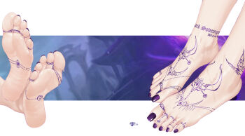 1girl anklet barefoot black_nails border close-up feet foot_focus greek_toe highres jewelry letterboxed liang_mu nail_polish out_of_frame outside_border purple_nails soles solo sweat tattoo toenail_polish toenails toes wet