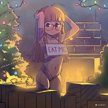 1girl ahoge artist_name blush christmas christmas_tree english_text fire fireplace gift glasses hands_on_own_head highres long_hair naked_ribbon navel orange_hair orenjipiiru persona persona_5 ribbon sakura_futaba sign smile solo standing