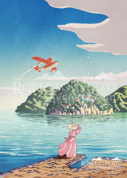 1girl aircraft airplane artist_name bird blue_sky cloud commentary commentary_request day dirt english_commentary from_behind gina_(kurenai_no_buta) hand_on_headwear hat island kurenai_no_buta long_skirt ocean outdoors pink_shirt pink_skirt puffy_short_sleeves puffy_sleeves scenery seaplane shirt short_sleeves skirt sky solo standing sun_hat syntetyc village water watermark white_hat wide_shot