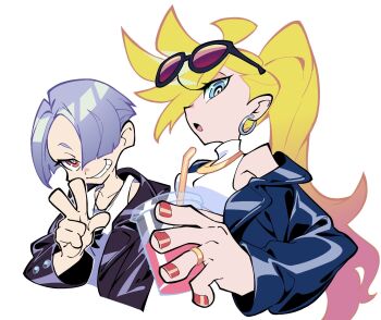 Rule 34 | 1boy, 1girl, alternate costume, bb zatta, blonde hair, blue eyes, blunt bangs, earrings, gradient hair, grin, hair over one eye, highres, hoop earrings, jewelry, long hair, long sleeves, multicolored hair, official style, open mouth, panty &amp; stocking with garterbelt, panty (psg), pink hair, polyester (psg), ponytail, purple hair, red eyes, red nails, ring, short hair, siblings, smile, two-tone hair, v