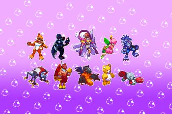 3girls absurdres angel angewomon arm_cannon black_bodysuit blonde_hair blue_fur body_fur bodysuit clothing_cutout colored_skin commentary covered_eyes demon_girl digimon digimon_(creature) dragon english_commentary etemon fairy_wings feathered_wings garudamon grey_hair grey_skin helmet helmet_over_eyes highres infermon ladydevimon lilimon mamemon megadramon monkey monster_girl monzaemon multiple_girls musical_note orange_skin pixel_art purple_background stomach_cutout stuffed_animal stuffed_monkey stuffed_toy sunglasses teddy_bear ticosanchezz weapon weregarurumon werewolf white_bodysuit wings