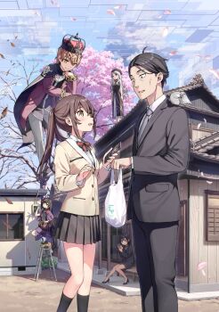 1boy 2girls abaddon_(sasaki_to_p-chan) animal animal_on_shoulder bird bird_on_shoulder black_hair black_suit blazer blush brown_eyes brown_hair cherry_blossoms closed_mouth cowboy_shot crown flower formal_clothes full_body futarishizukashi_(sasaki_to_p-chan) grey_necktie grey_suit hair_between_eyes hair_flower hair_ornament highres holding hoshizaki_(sasaki_to_p-chan) house jacket japanese_clothes java_sparrow kantoku kimono long_hair long_sleeves miniskirt multiple_girls neck_ribbon necktie open_mouth otonari-san_(sasaki_to_p-chan) outdoors p-chan_(sasaki_to_p-chan) pleated_skirt ponytail purple_kimono ribbon sasaki_(sasaki_to_p-chan) sasaki_to_p-chan school_uniform skirt smile socks standing suit thighs yellow_eyes