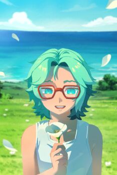 1boy 74000000star :d beach cove_holden day falling_feathers feathers flower green_eyes green_hair grin highres hill holding holding_flower horizon looking_at_viewer male_focus open_mouth our_life our_life:_beginnings_and_always outdoors poppy_(flower) red-framed_eyewear short_hair smile solo tank_top white_tank_top