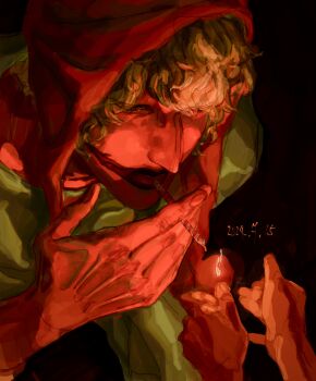 1boy bent_over big_nose blonde_hair candle commentary_request dark_background dim_lighting donquixote_rocinante fire green_shirt hat highres jurokutya male_focus one_piece pov pov_hands red_hat red_lips shirt solo_focus