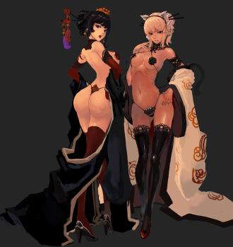 Rule 34 | 2girls, absurdres, animal ears, arched back, armlet, ass, bare shoulders, bikini, black hair, black legwear, blonde hair, blue eyes, bra, breasts, cat ears, cat tail, chopsticks, cleavage, contrapposto, detached collar, detached sleeves, elbow gloves, fake animal ears, g-string, gloves, hair ornament, hair stick, hairband, hands on own hips, high heels, highleg, highleg panties, highres, japanese clothes, jewelry, lace, lace-trimmed legwear, lace trim, lingerie, lips, looking back, multiple girls, navel, open mouth, original, panties, parted lips, qbspdl, red eyes, red legwear, ribs, robe, shoes, sideboob, simple background, sketch, standing, swimsuit, tail, thighhighs, thong, underwear, white hair