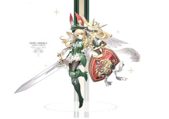 1girl absurdres adeptus_astartes armor armored_boots black_pantyhose blonde_hair boots character_name chinese_commentary commentary_request genderswap genderswap_(mtf) green_eyes highres holding holding_shield holding_sword holding_weapon lion_el'jonson long_hair looking_at_viewer pantyhose power_armor primarch shield shinnasuka025 solo sword thighs warhammer_40k weapon white_background