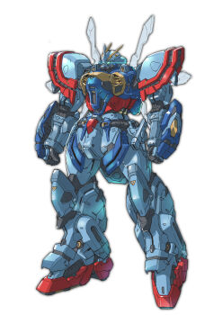 absurdres arm_shield arms_at_sides clenched_hands commentary_request eye_trail full_body fusion g_gundam glowing glowing_eye god_gundam green_eyes gundam gundam_seed gundam_seed_destiny highres light_trail looking_ahead mecha niao_san_shi no_humans one-eyed robot science_fiction simple_background solo standing super_robot white_background zaku_warrior