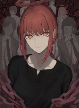 Rule 34 | 1other, 2boys, 4girls, angel devil (chainsaw man), black dress, braid, chain, chainsaw man, character request, closed mouth, collarbone, darao (daradara suyaaa), dress, formal clothes, halo, hayakawa aki, highres, kurose yuutarou, looking at viewer, makima (chainsaw man), medium hair, multiple boys, multiple girls, orange eyes, princi (chainsaw man), red hair, red halo, red theme, single braid, smile, solo focus, split mouth, suit, tendou michiko, upper body