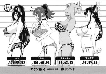 4girls akaza_chacha amaya_haruko blush bra breast_envy breasts bust_chart chart comparison dark-skinned_female dark_skin from_side garter_belt greyscale height_chart huge_breasts large_breasts lineup lingerie maken-ki! monochrome multiple_girls nijou_aki non-web_source official_art panties profile rokujou_minori sideboob stats takeda_hiromitsu underwear underwear_only