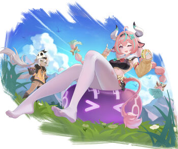 &gt;_&lt; 2girls absurdres ahoge animal_ears aqua_hair blue_sky bow braid breasts candy chupa_chups cloud cloudy_sky cow_ears cow_horns cow_tail dark-skinned_female dark_skin detached_sleeves dorsiflexion electro_slime_(genshin_impact) feet food fur_trim genshin_impact grass green_eyes grey_hair hair_between_eyes hair_ornament hair_tubes hairband highres holding holding_candy holding_food horns iansan_(genshin_impact) legs lollipop long_hair long_sleeves midriff multicolored_hair multiple_girls mxr no_shoes one_eye_closed open_mouth outdoors pantyhose pink_hair pointy_ears purple_eyes shoes sitting skull skull_hair_ornament sky slime_(genshin_impact) smile streaked_hair taco tail thighs toes twin_braids twintails varesa_(genshin_impact) white_pantyhose yellow_sleeves