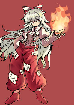 Rule 34 | 1girl, absurdres, baggy pants, bilingual commentary, boots, bow, breasts, closed mouth, collared shirt, commentary, dot nose, fire, frown, fujiwara no mokou, hair bow, hand on own hip, hand up, highres, juliet sleeves, long hair, long sleeves, looking to the side, mixed-language commentary, multiple hair bows, ofuda, ofuda on clothes, pants, puffy sleeves, pyrokinesis, red boots, red eyes, red pants, ribbon, shirt, simple background, sleeve ribbon, small breasts, solo, standing, suspenders, thick eyebrows, touhou, user jnhm8724, very long hair, white hair, white shirt
