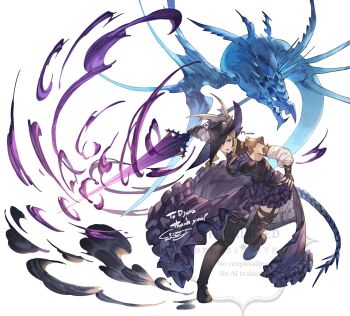 1girl au_ra ayacho blonde_hair blue_eyes boots commentary_request commission dragon dragoon_(final_fantasy) dress earrings final_fantasy final_fantasy_xiv fingerless_gloves gloves hat highres horns jewelry midgardsormr_(final_fantasy) polearm single_earring skeb_commission spear tail thank_you thigh_boots tricorne watermark weapon