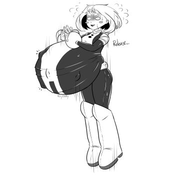 1girl absurdres big_belly blush bodysuit boku_no_hero_academia boots commission commissioner_upload embarrassed highres hyper_pregnancy monochrome nervous own_hands_clasped pregnant short_hair skin_tight superhero_costume sweatdrop uraraka_ochako verybatty