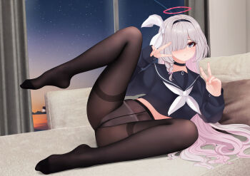 1girl absurdres bedroom black_choker black_eyes black_hairband black_pantyhose black_sailor_collar black_serafuku blue_archive blush braid choker closed_mouth colored_inner_hair couch covered_navel crotch_seam curtains double_v feet feet_up fingernails full_body grey_eyes grey_hair hair_between_eyes hair_over_one_eye hair_ribbon hairband halo hands_up highres indoors legs loli long_hair long_sleeves looking_at_viewer lying multicolored_hair neckerchief no_pants no_shoes on_bed on_side one_eye_covered panties panties_under_pantyhose pantyhose pink_hair pink_halo pink_pupils plana_(blue_archive) red_halo red_pupils ribbon sailor_collar school_uniform serafuku shirt single_braid sky solo split_mouth spread_legs star_(sky) starry_sky sym. thighband_pantyhose toes two-tone_hair underwear v very_long_hair white_hair white_neckerchief white_panties window