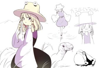 1girl animal blonde_hair commentary_request frog hat looking_to_the_side miya9 moriya_suwako purple_eyes purple_skirt purple_vest short_hair skirt smile snake solo touhou vest wide_sleeves yellow_hat