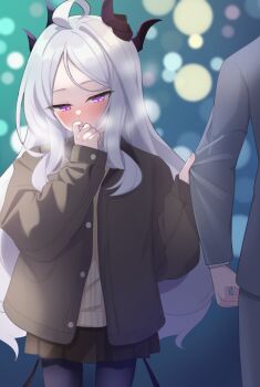 1boy 1girl ahoge blue_archive blush commentary_request demon_girl demon_horns demon_wings highres hina_(blue_archive) horns long_hair low_wings minamino_3730 night outdoors purple_eyes sensei_(blue_archive) standing very_long_hair white_hair wings winter winter_uniform