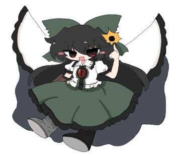 1girl arm_cannon asymmetrical_footwear black_hair black_sun blush_stickers bow cape commentary full_body green_bow green_skirt hair_bow kuuinusuki long_hair looking_at_viewer mismatched_footwear open_mouth red_eyes reiuji_utsuho short_sleeves simple_background skirt solo sun third_eye third_eye_on_chest touhou weapon white_background white_cape